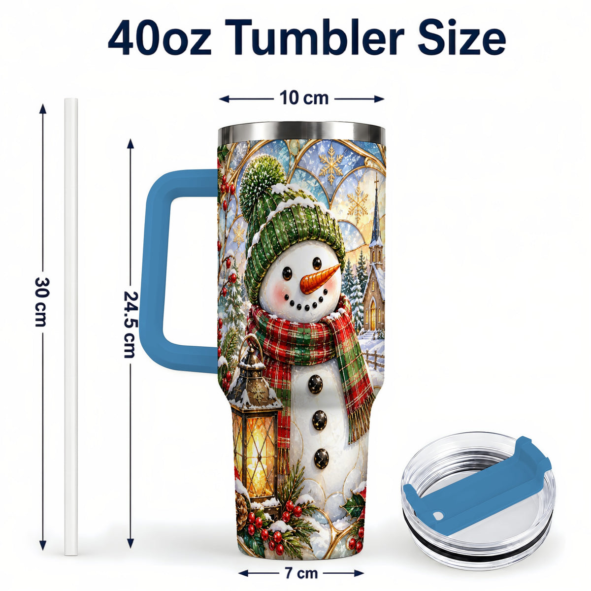 #pl[40oz|Blue] Plaid Snowman 40oz Tumbler, Winter Scene Stainless Steel Travel Cup