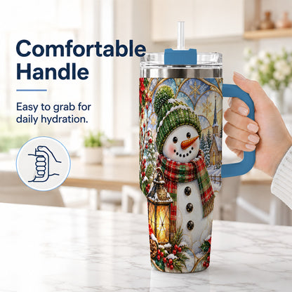#pl[40oz|Blue] Plaid Snowman 40oz Tumbler, Winter Scene Stainless Steel Travel Cup