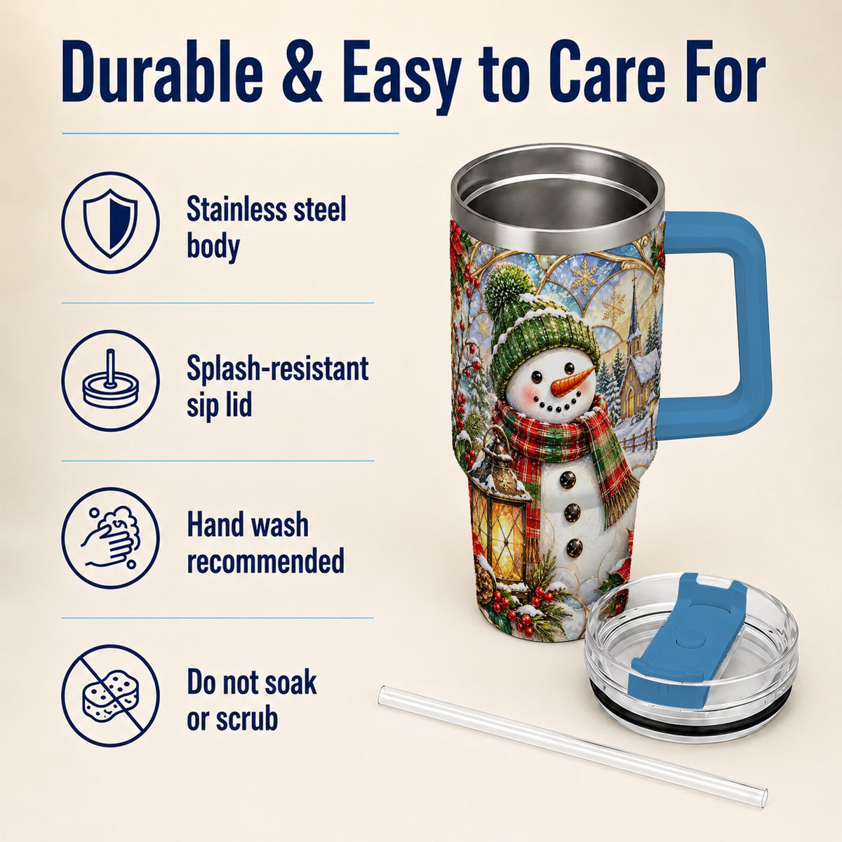 #pl[40oz|Blue] Plaid Snowman 40oz Tumbler, Winter Scene Stainless Steel Travel Cup
