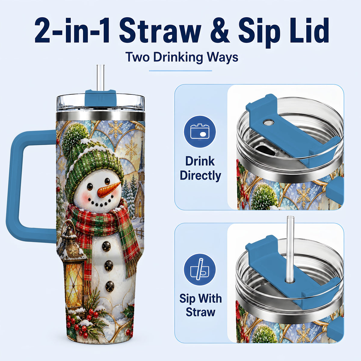 #pl[40oz|Blue] Plaid Snowman 40oz Tumbler, Winter Scene Stainless Steel Travel Cup