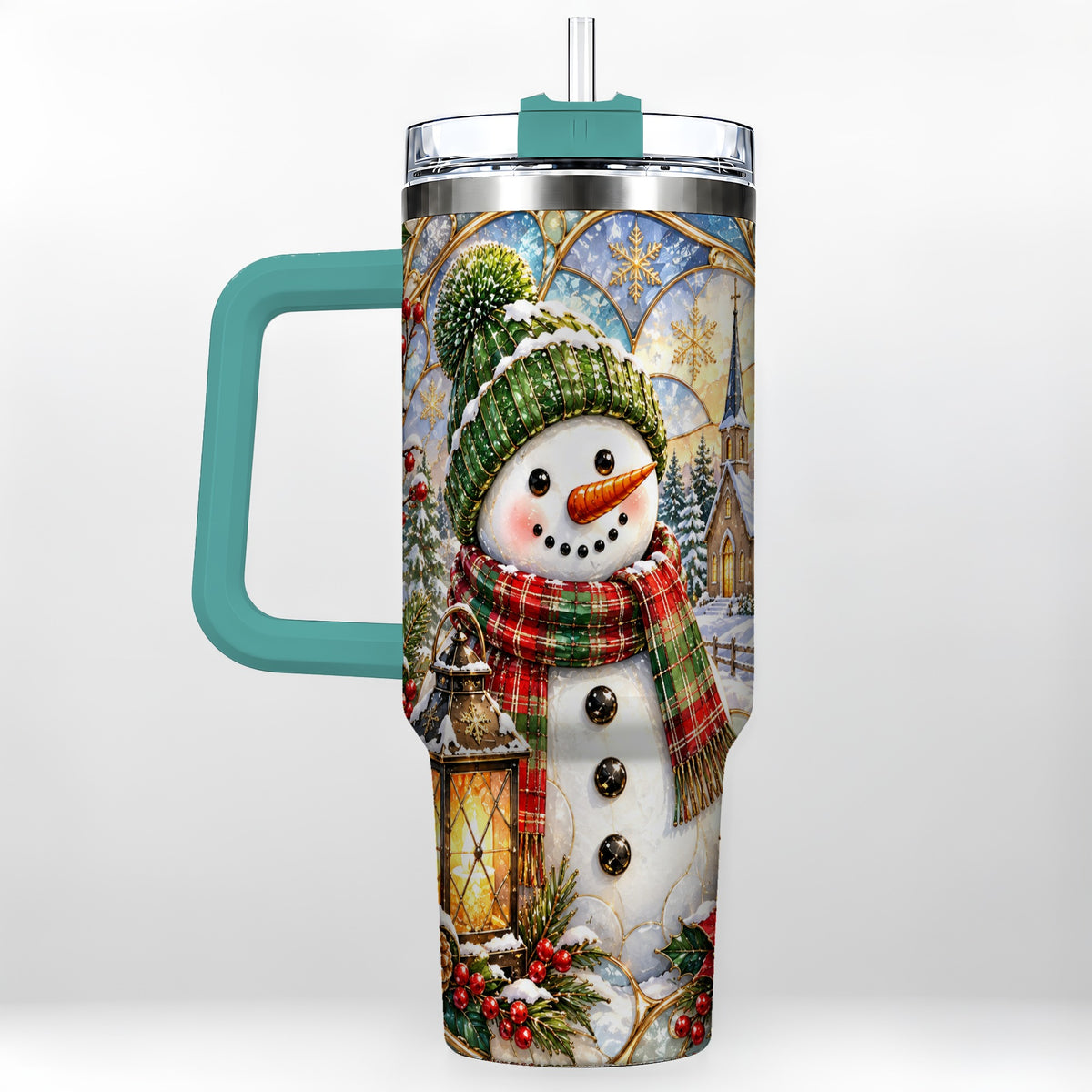 #pl[40oz|Green] Plaid Snowman 40oz Tumbler, Winter Scene Stainless Steel Travel Cup