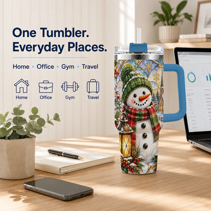 #pl[40oz|Blue] Plaid Snowman 40oz Tumbler, Winter Scene Stainless Steel Travel Cup
