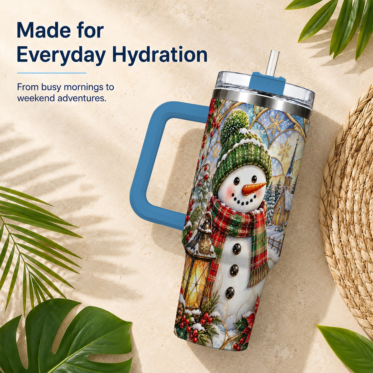 #pl[40oz|Blue] Plaid Snowman 40oz Tumbler, Winter Scene Stainless Steel Travel Cup