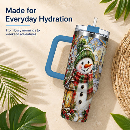 #pl[40oz|Blue] Plaid Snowman 40oz Tumbler, Winter Scene Stainless Steel Travel Cup