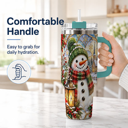 #pl[40oz|Green] Plaid Snowman 40oz Tumbler, Winter Scene Stainless Steel Travel Cup