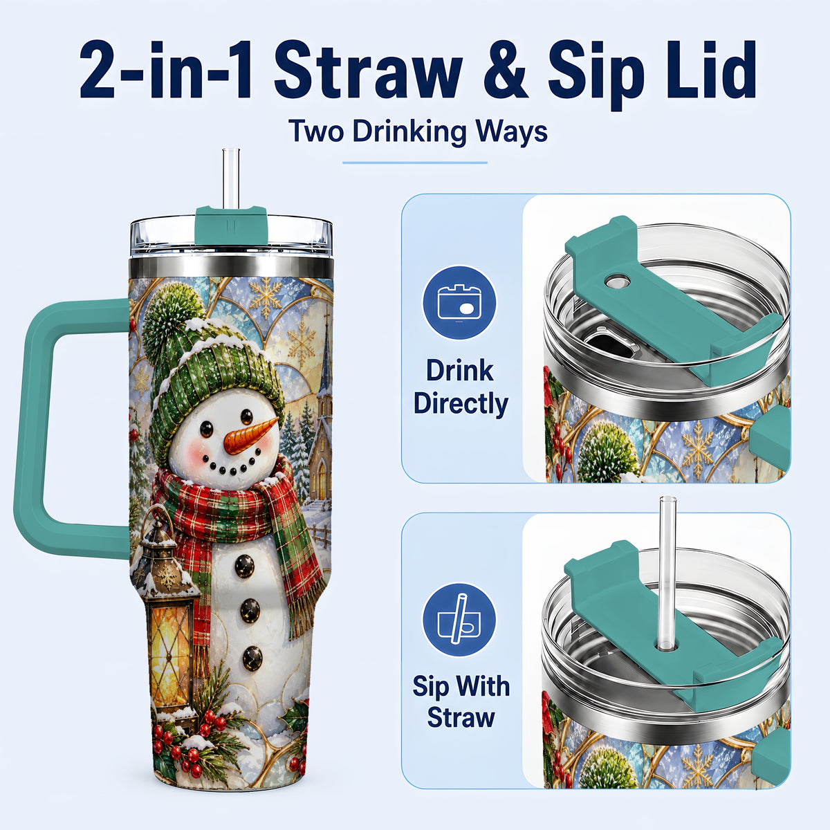 #pl[40oz|Green] Plaid Snowman 40oz Tumbler, Winter Scene Stainless Steel Travel Cup
