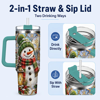 #pl[40oz|Green] Plaid Snowman 40oz Tumbler, Winter Scene Stainless Steel Travel Cup
