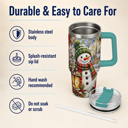 #pl[40oz|Green] Plaid Snowman 40oz Tumbler, Winter Scene Stainless Steel Travel Cup