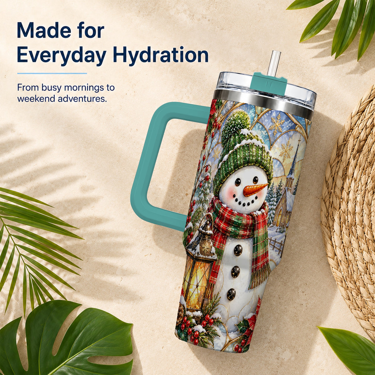 #pl[40oz|Green] Plaid Snowman 40oz Tumbler, Winter Scene Stainless Steel Travel Cup