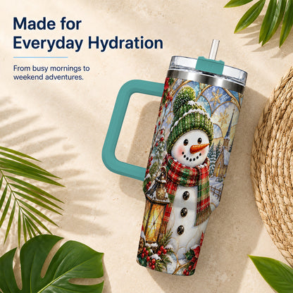 #pl[40oz|Green] Plaid Snowman 40oz Tumbler, Winter Scene Stainless Steel Travel Cup