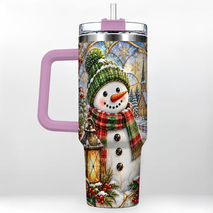 #pl[40oz|Pink] Plaid Snowman 40oz Tumbler, Winter Scene Stainless Steel Travel Cup