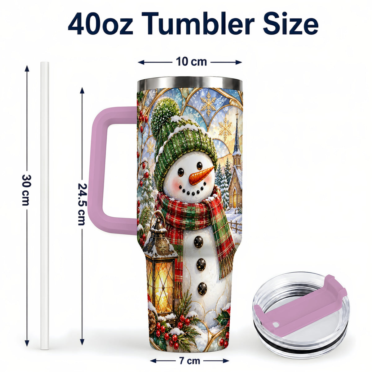 #pl[40oz|Pink] Plaid Snowman 40oz Tumbler, Winter Scene Stainless Steel Travel Cup