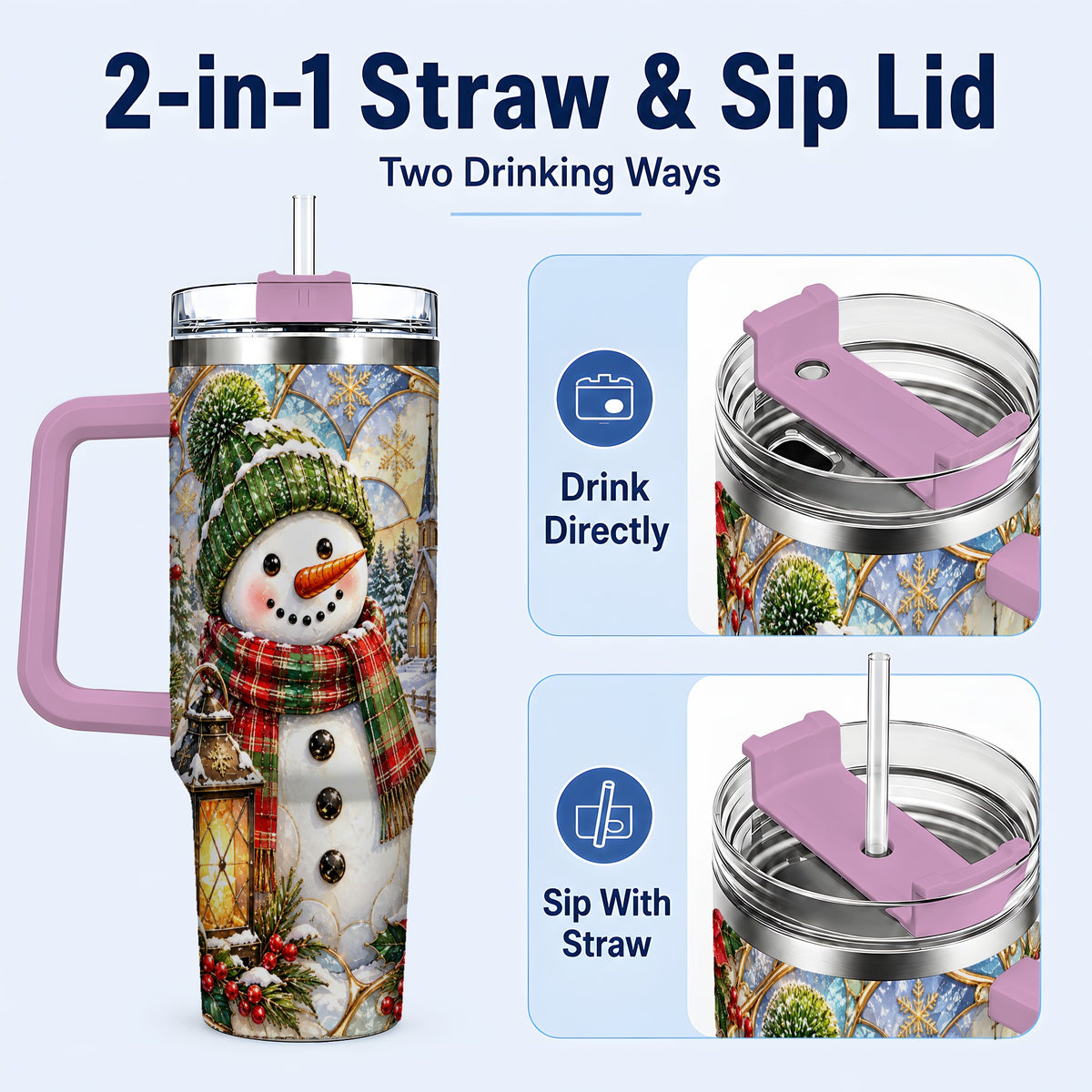 #pl[40oz|Pink] Plaid Snowman 40oz Tumbler, Winter Scene Stainless Steel Travel Cup
