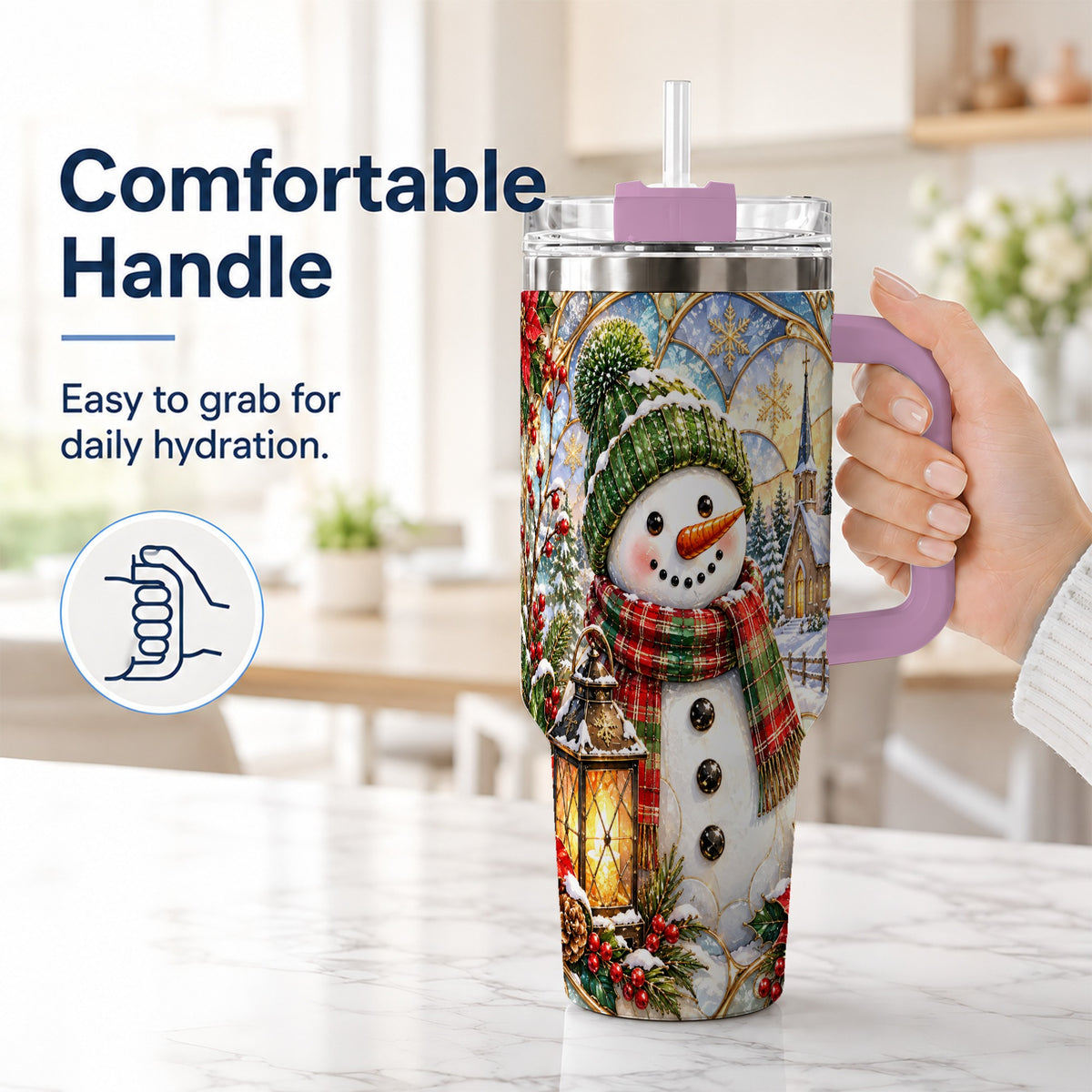 #pl[40oz|Pink] Plaid Snowman 40oz Tumbler, Winter Scene Stainless Steel Travel Cup