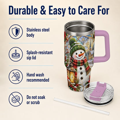 #pl[40oz|Pink] Plaid Snowman 40oz Tumbler, Winter Scene Stainless Steel Travel Cup