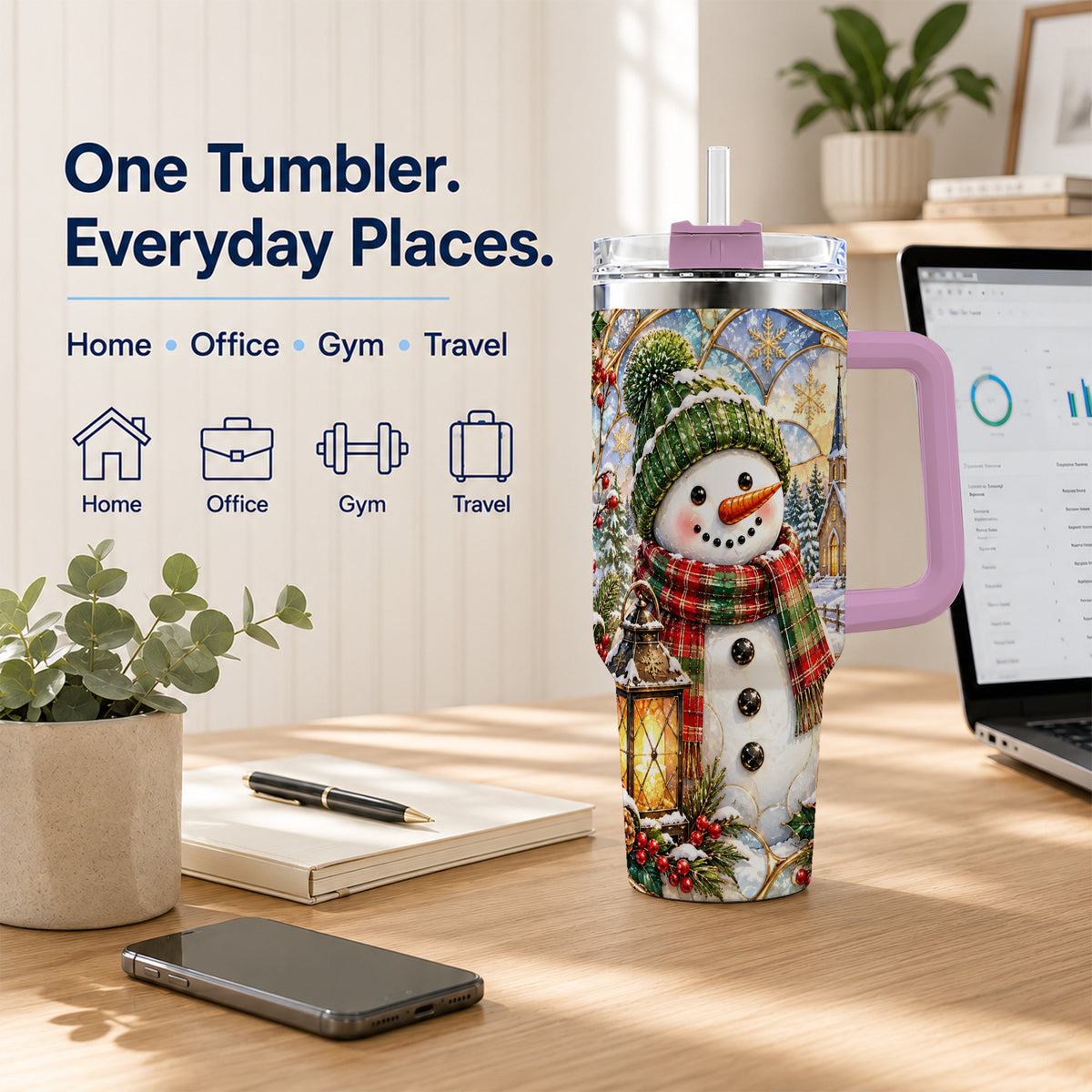 #pl[40oz|Pink] Plaid Snowman 40oz Tumbler, Winter Scene Stainless Steel Travel Cup