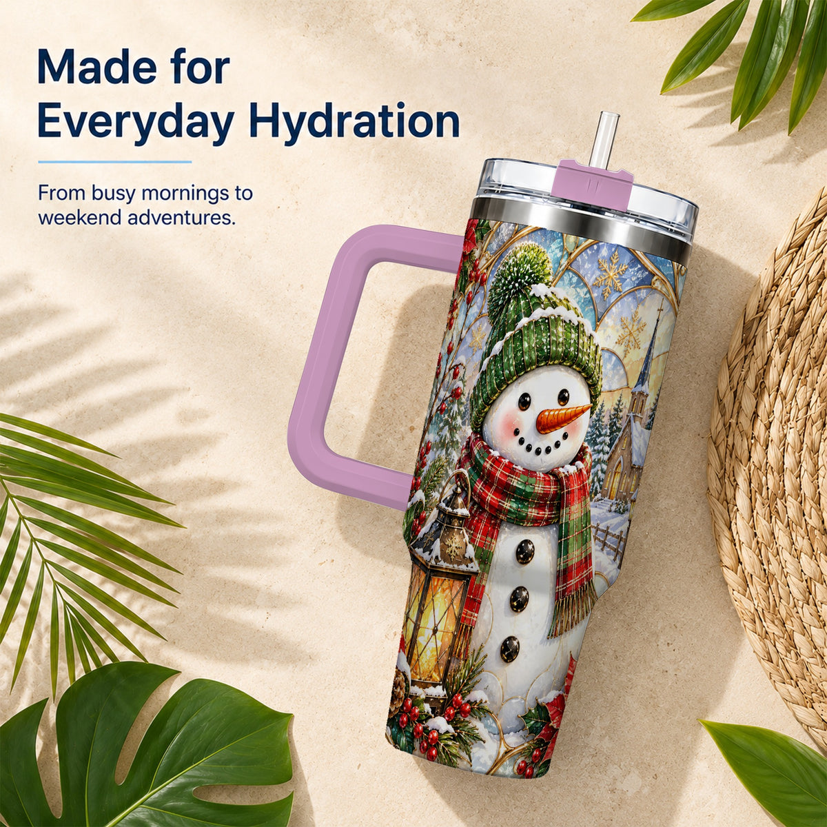 #pl[40oz|Pink] Plaid Snowman 40oz Tumbler, Winter Scene Stainless Steel Travel Cup
