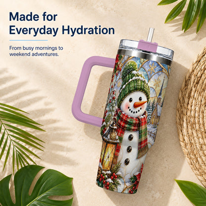 #pl[40oz|Pink] Plaid Snowman 40oz Tumbler, Winter Scene Stainless Steel Travel Cup