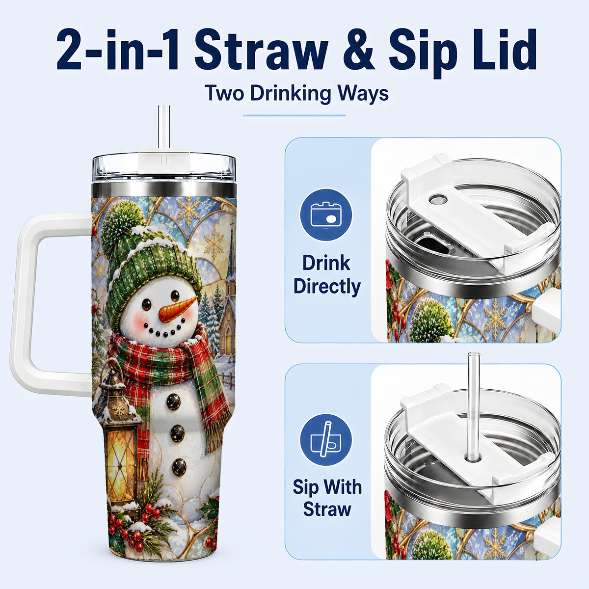#pl[40oz|White] Plaid Snowman 40oz Tumbler, Winter Scene Stainless Steel Travel Cup