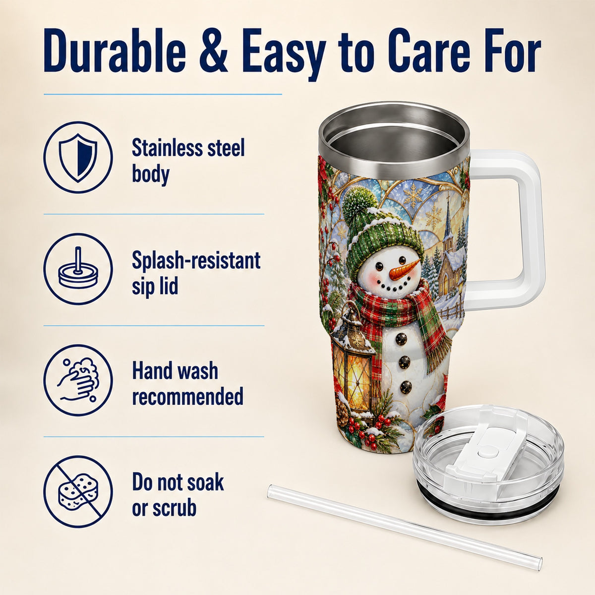 #pl[40oz|White] Plaid Snowman 40oz Tumbler, Winter Scene Stainless Steel Travel Cup
