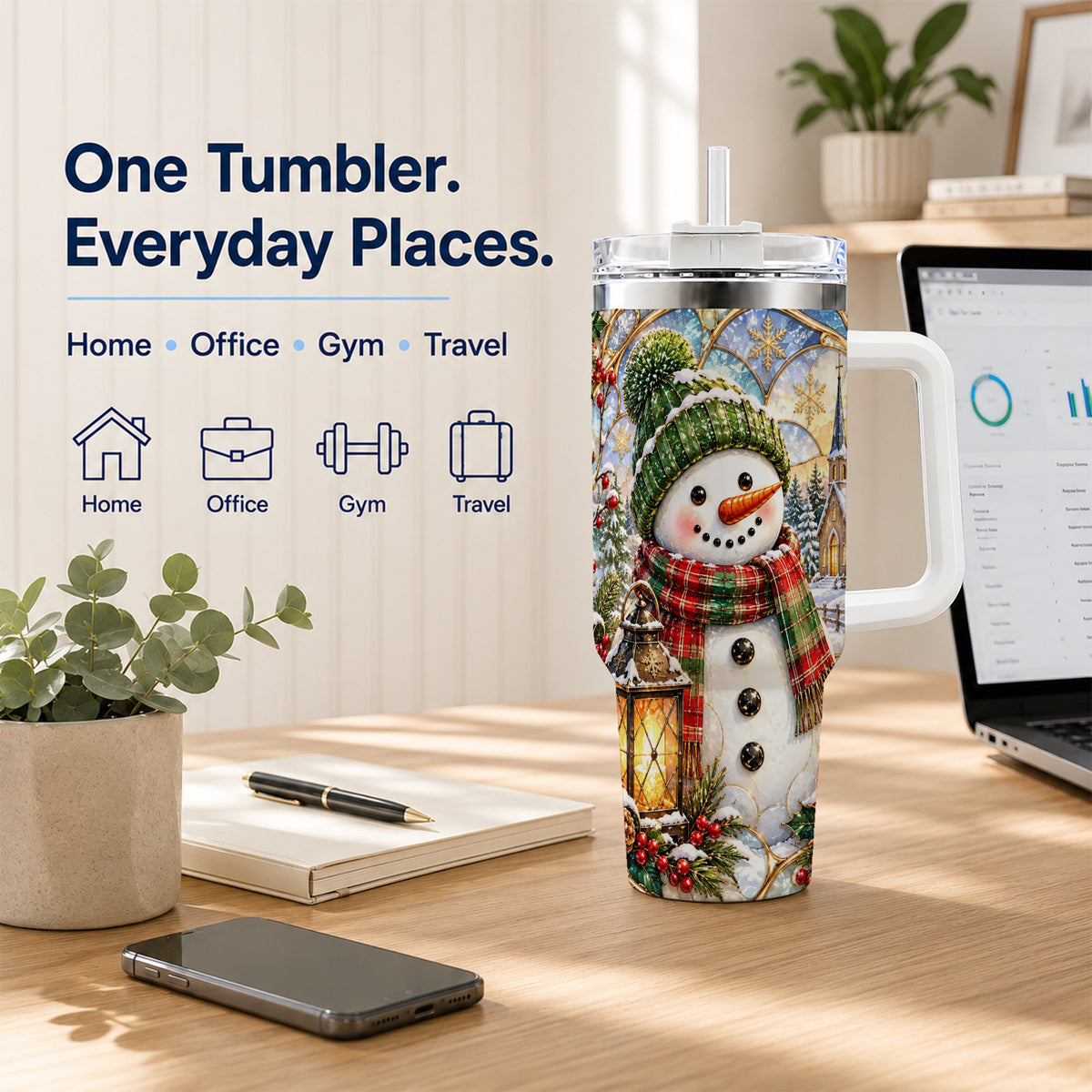 #pl[40oz|White] Plaid Snowman 40oz Tumbler, Winter Scene Stainless Steel Travel Cup