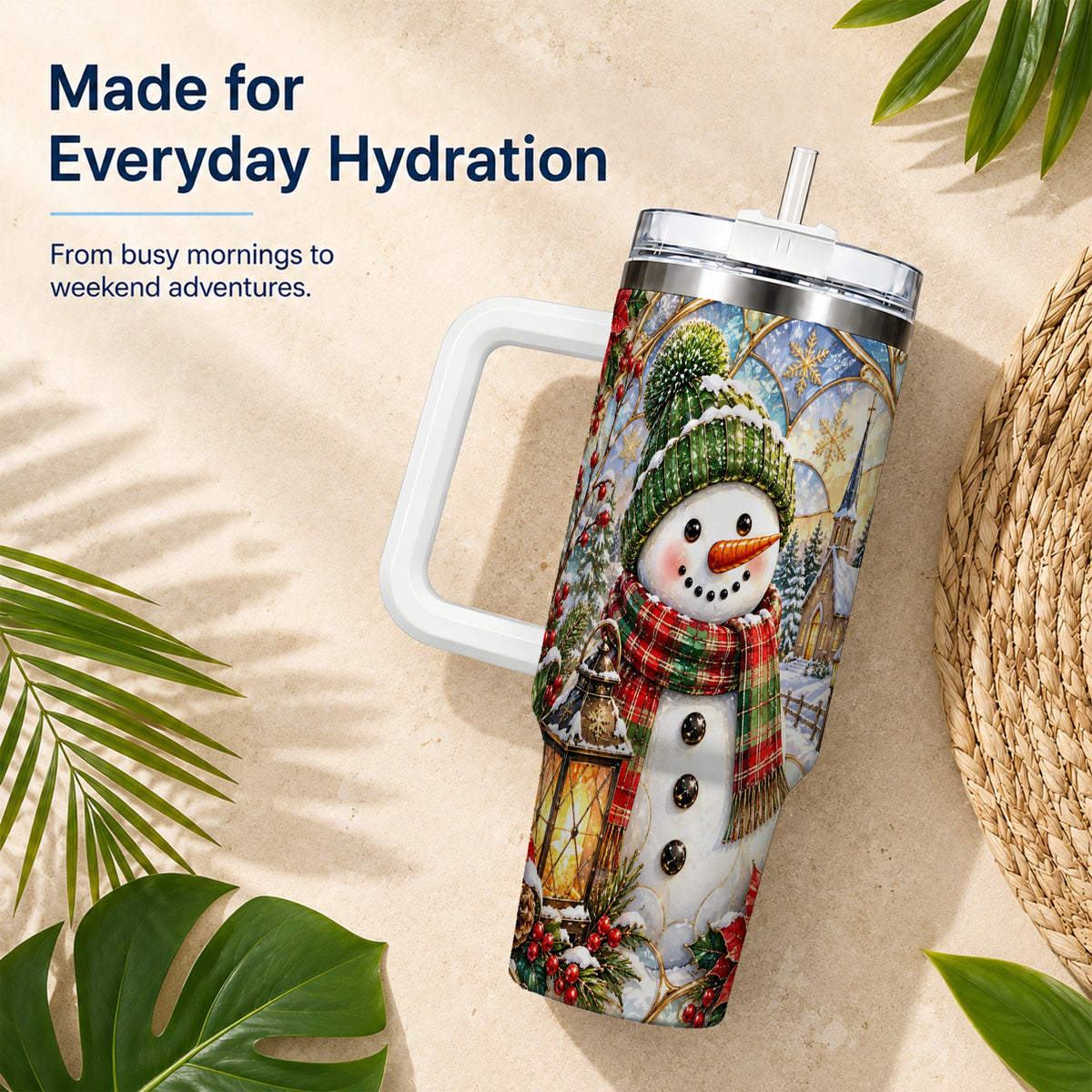 #pl[40oz|White] Plaid Snowman 40oz Tumbler, Winter Scene Stainless Steel Travel Cup