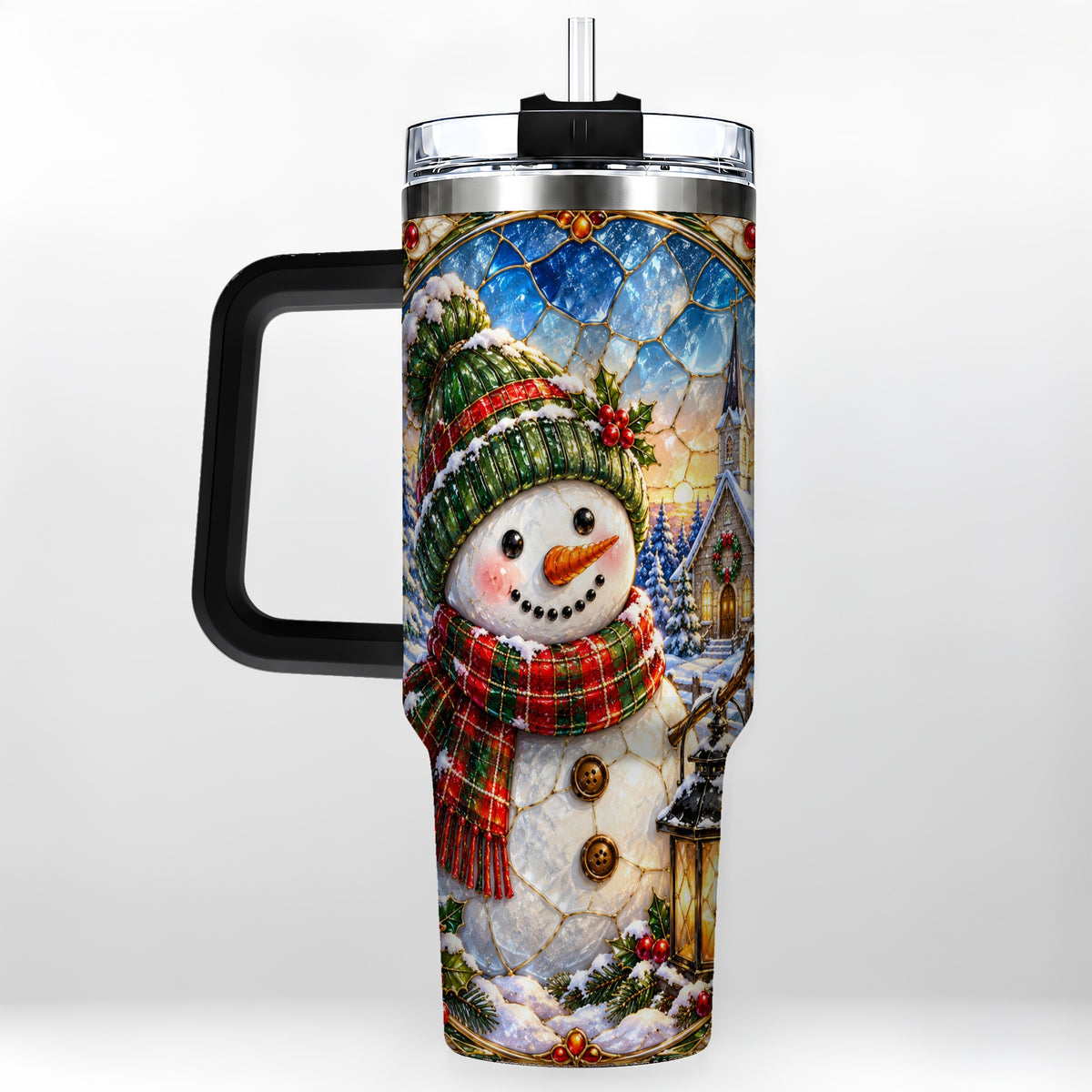 #pl[40oz|Black] Snowman Church 40oz Tumbler with Handle, Winter Stainless Steel Travel Cup