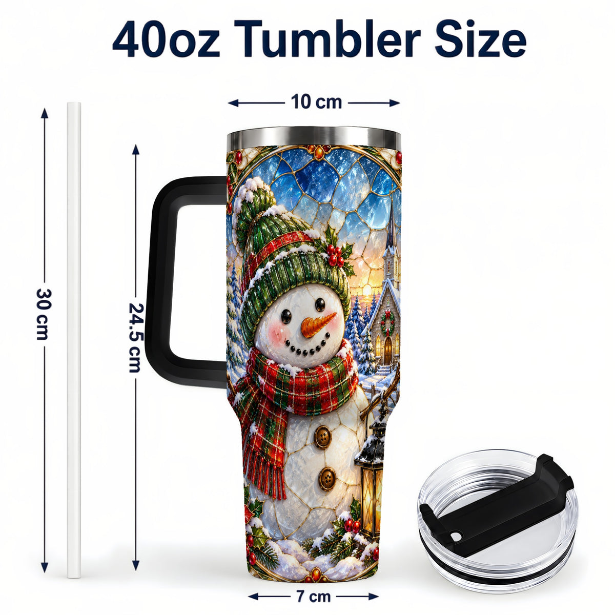 #pl[40oz|Black] Snowman Church 40oz Tumbler with Handle, Winter Stainless Steel Travel Cup
