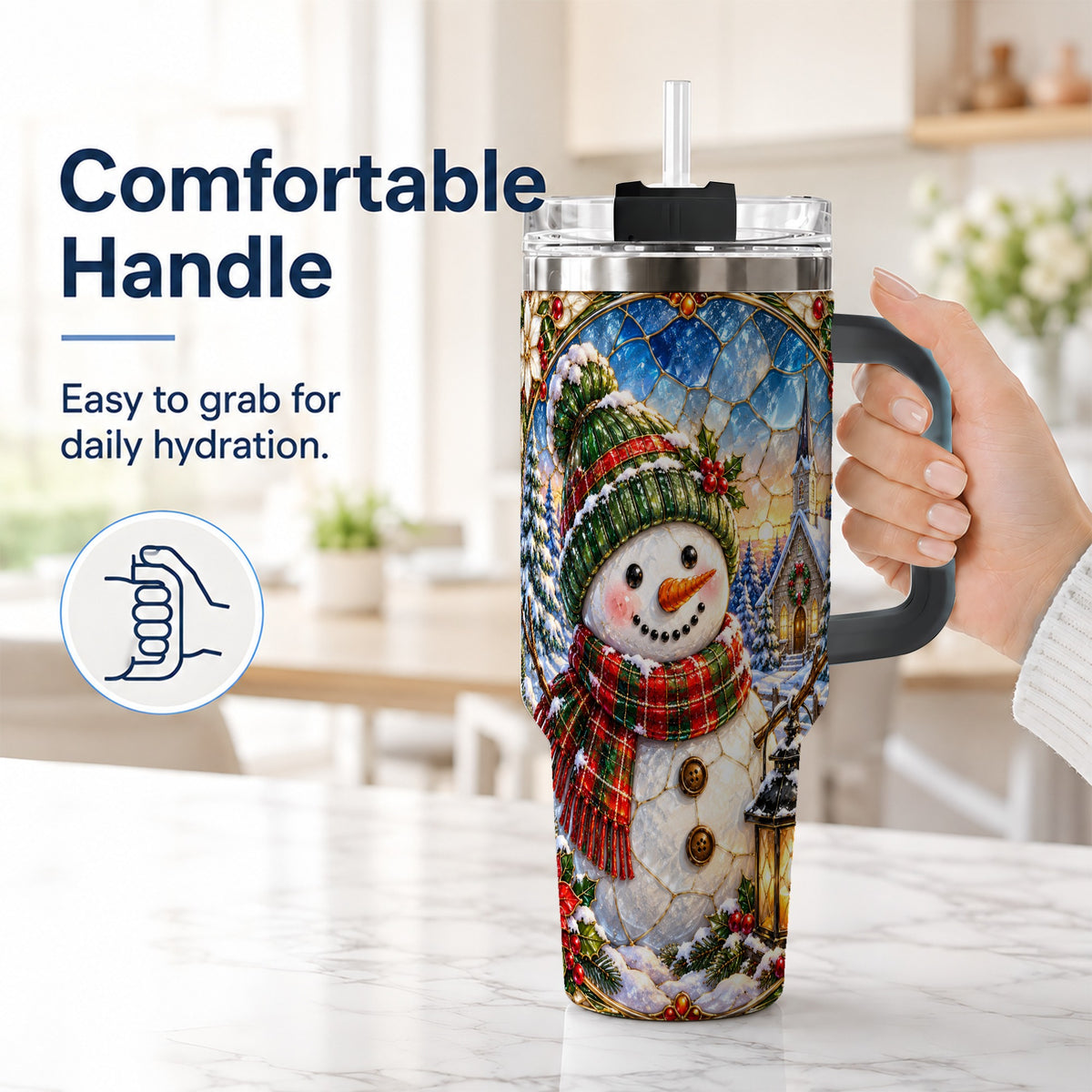 #pl[40oz|Black] Snowman Church 40oz Tumbler with Handle, Winter Stainless Steel Travel Cup