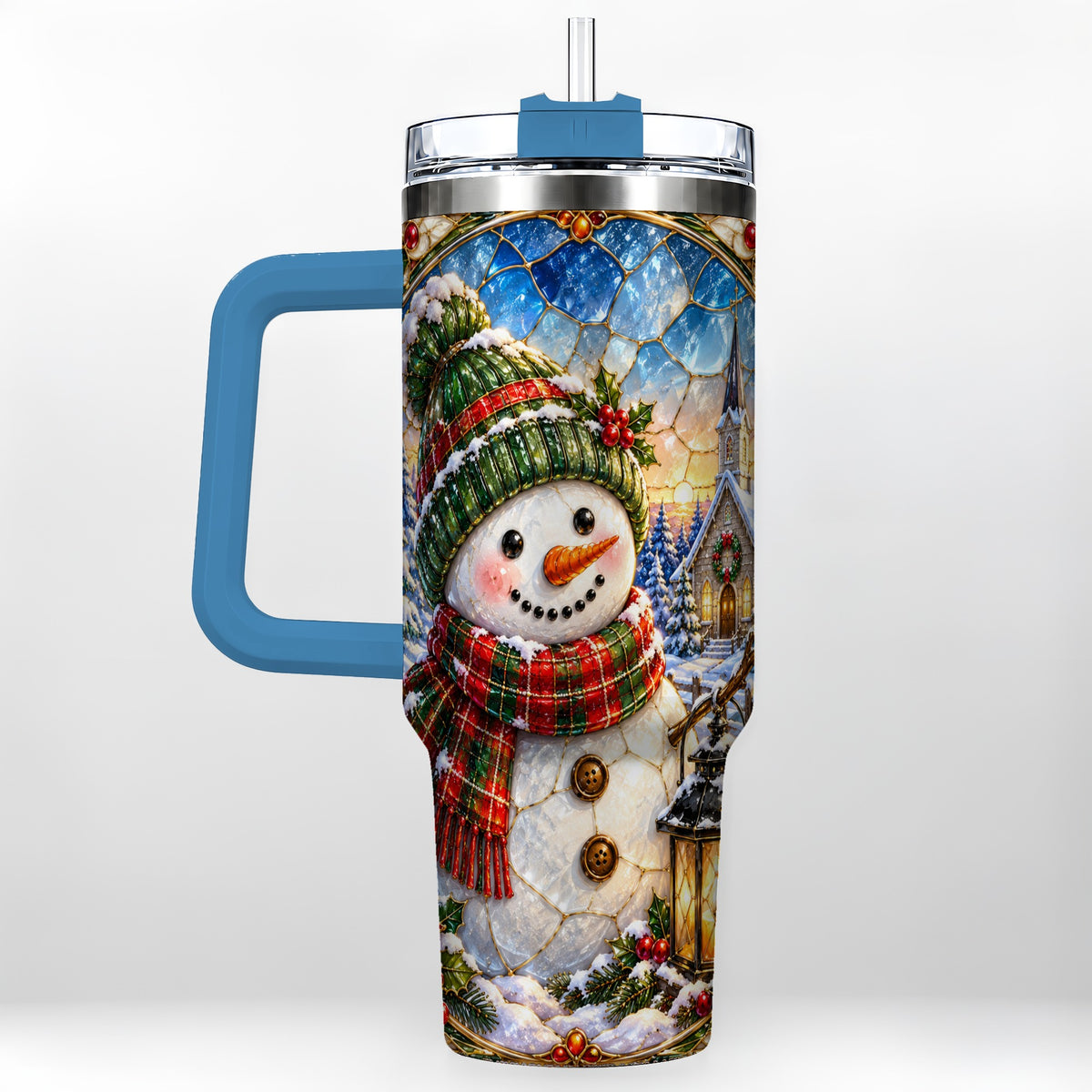 #pl[40oz|Blue] Snowman Church 40oz Tumbler with Handle, Winter Stainless Steel Travel Cup