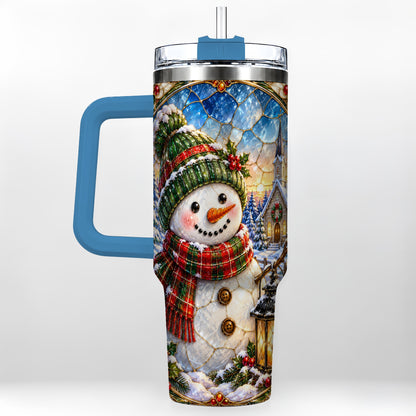 #pl[40oz|Blue] Snowman Church 40oz Tumbler with Handle, Winter Stainless Steel Travel Cup