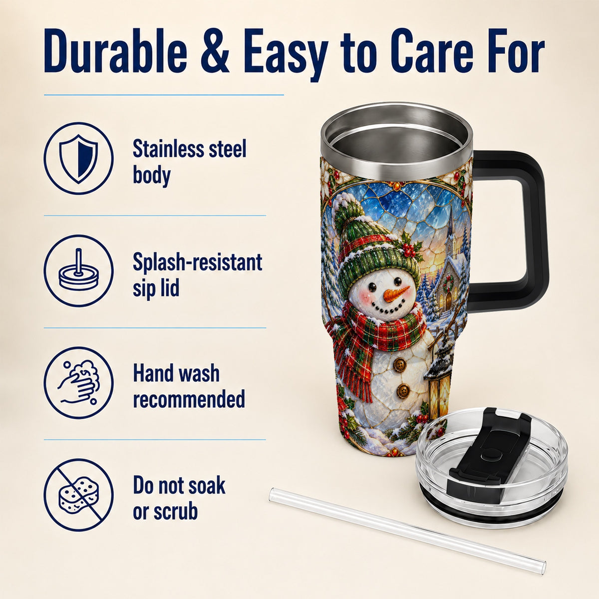 #pl[40oz|Black] Snowman Church 40oz Tumbler with Handle, Winter Stainless Steel Travel Cup