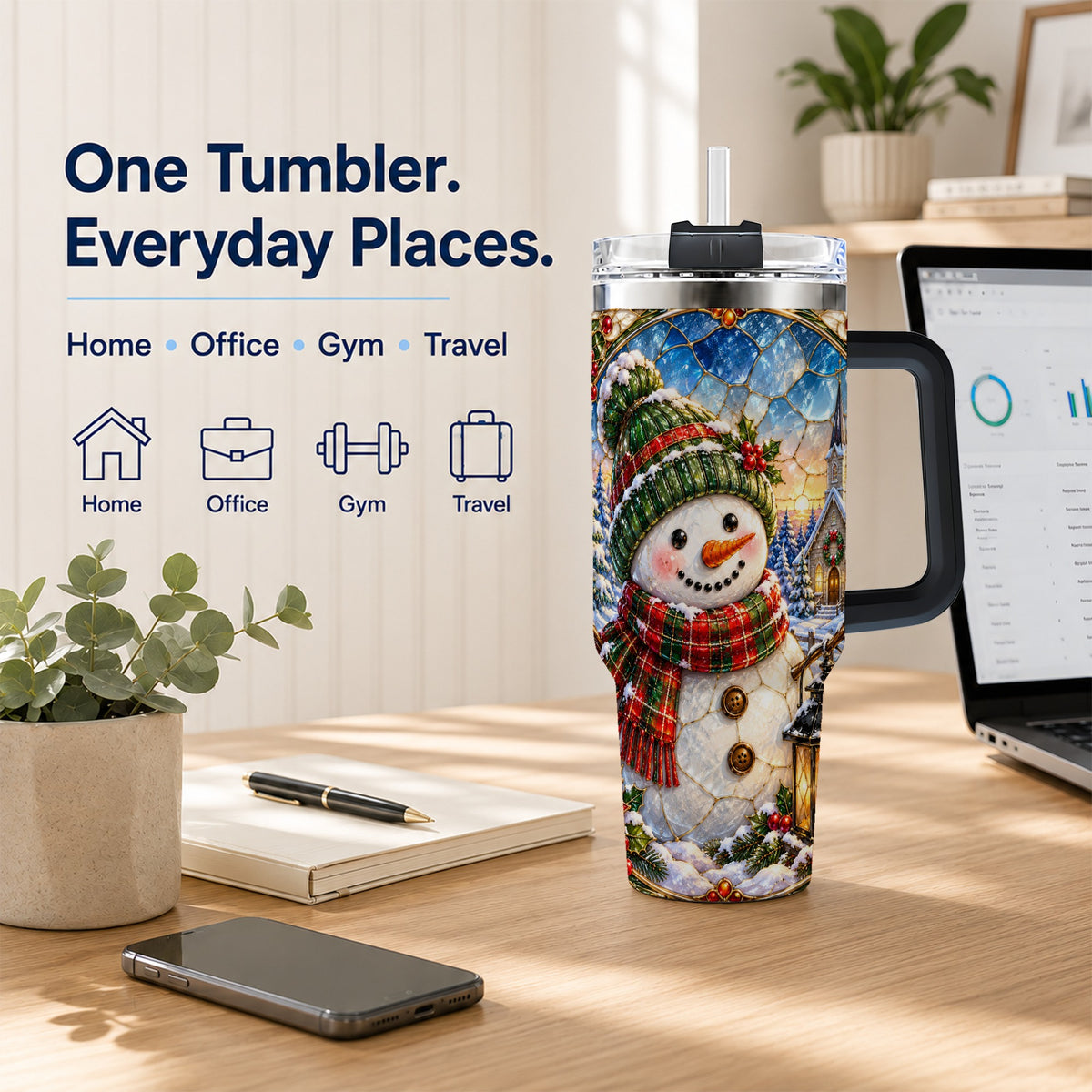 #pl[40oz|Black] Snowman Church 40oz Tumbler with Handle, Winter Stainless Steel Travel Cup