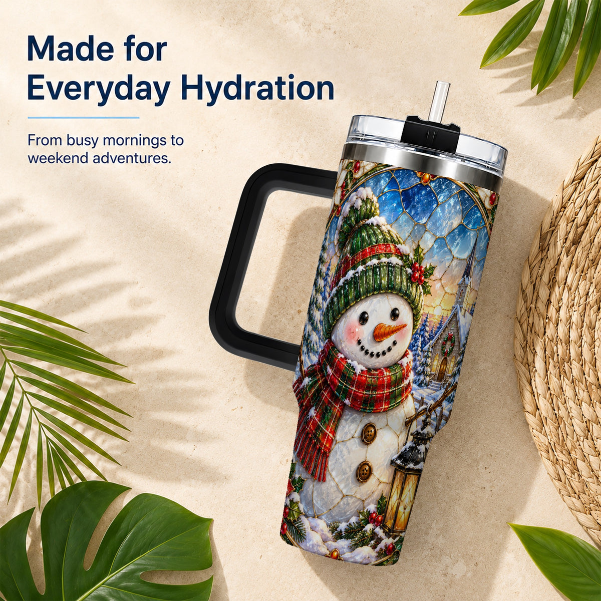 #pl[40oz|Black] Snowman Church 40oz Tumbler with Handle, Winter Stainless Steel Travel Cup