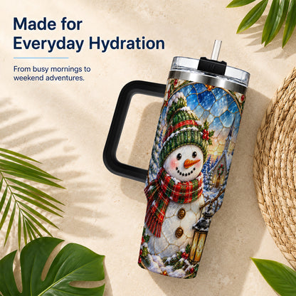 #pl[40oz|Black] Snowman Church 40oz Tumbler with Handle, Winter Stainless Steel Travel Cup