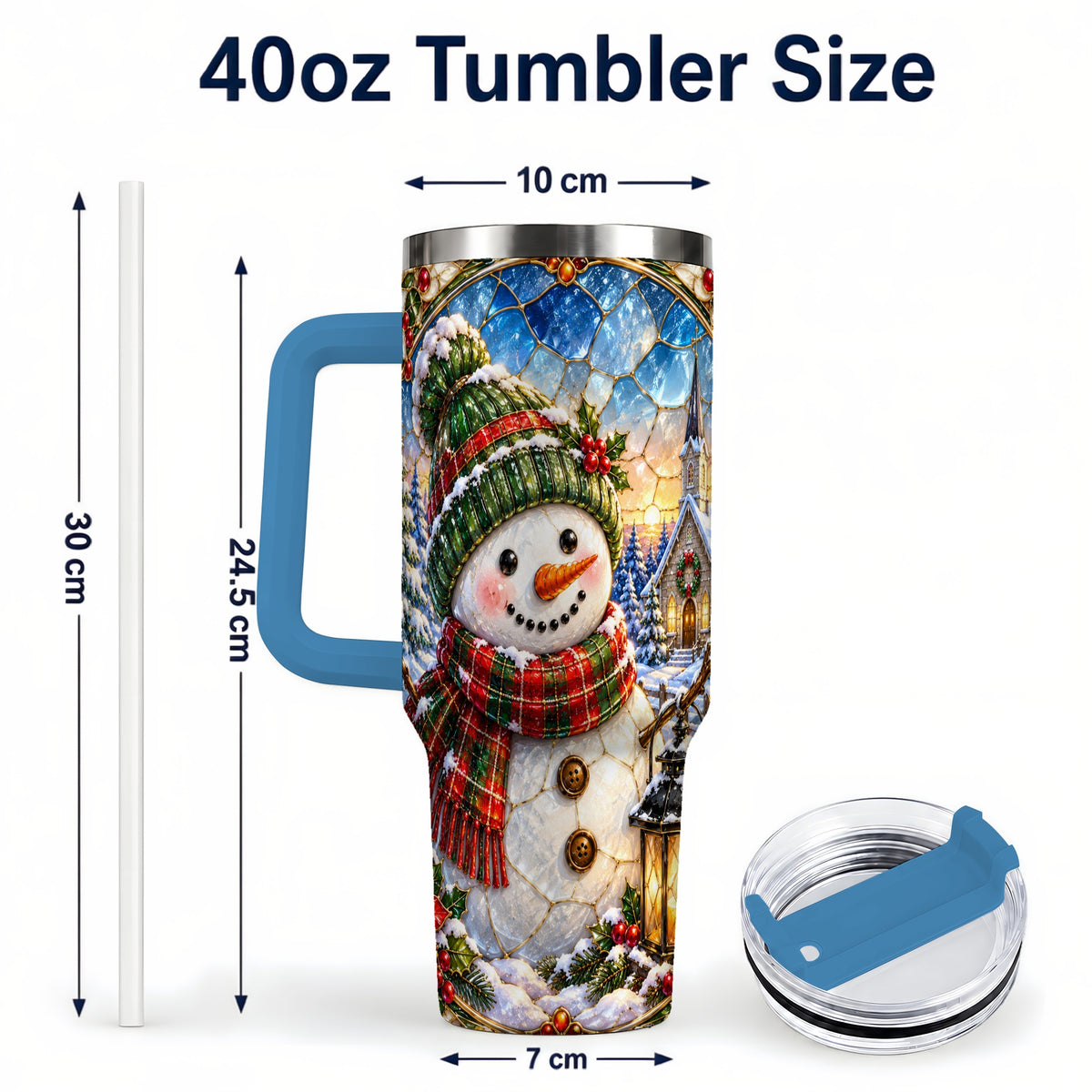 #pl[40oz|Blue] Snowman Church 40oz Tumbler with Handle, Winter Stainless Steel Travel Cup