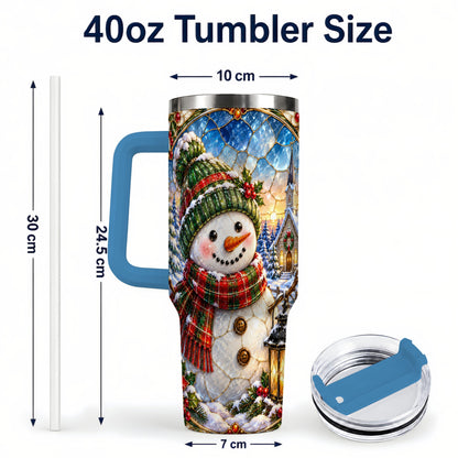 #pl[40oz|Blue] Snowman Church 40oz Tumbler with Handle, Winter Stainless Steel Travel Cup