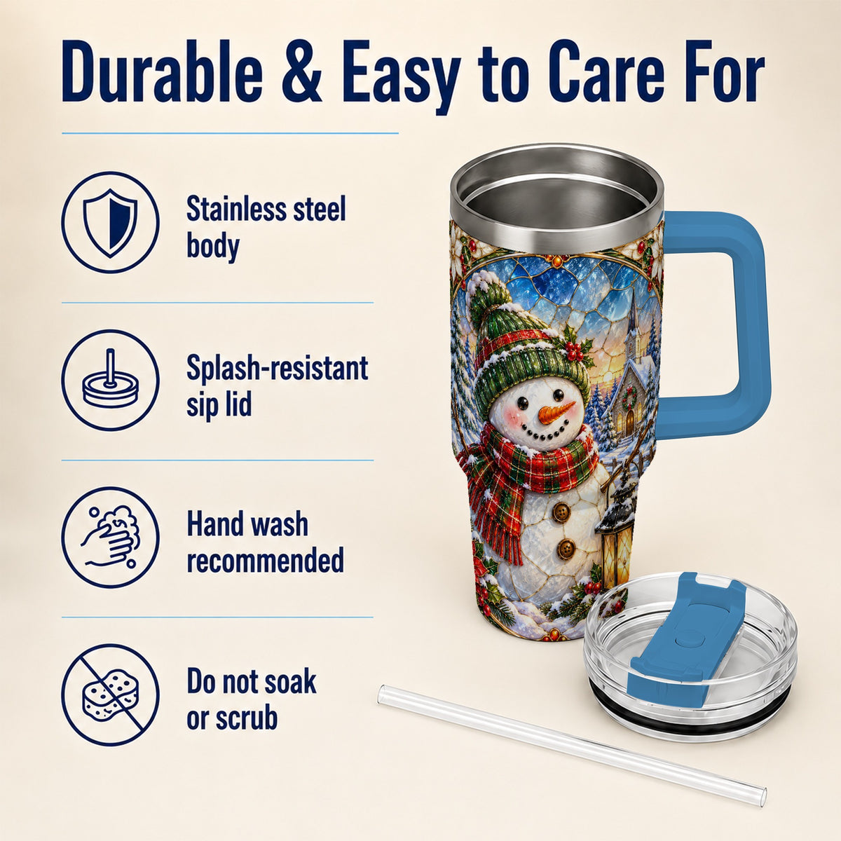 #pl[40oz|Blue] Snowman Church 40oz Tumbler with Handle, Winter Stainless Steel Travel Cup
