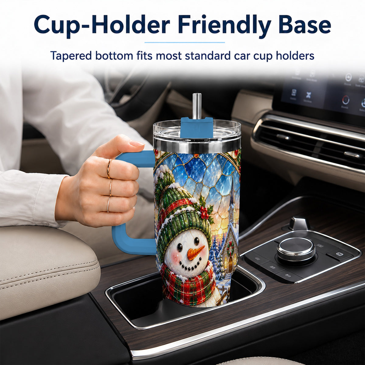 #pl[40oz|Blue] Snowman Church 40oz Tumbler with Handle, Winter Stainless Steel Travel Cup