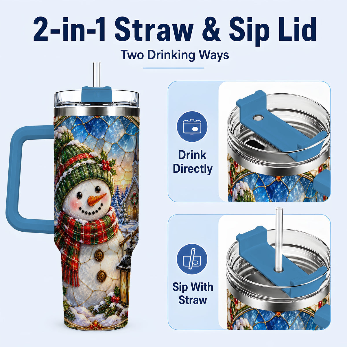#pl[40oz|Blue] Snowman Church 40oz Tumbler with Handle, Winter Stainless Steel Travel Cup