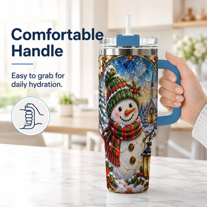 #pl[40oz|Blue] Snowman Church 40oz Tumbler with Handle, Winter Stainless Steel Travel Cup