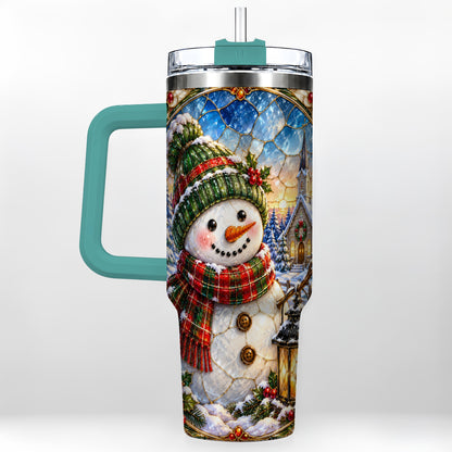 #pl[40oz|Green] Snowman Church 40oz Tumbler with Handle, Winter Stainless Steel Travel Cup