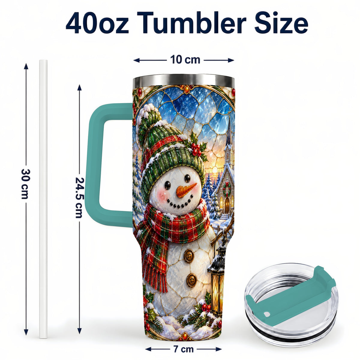 #pl[40oz|Green] Snowman Church 40oz Tumbler with Handle, Winter Stainless Steel Travel Cup