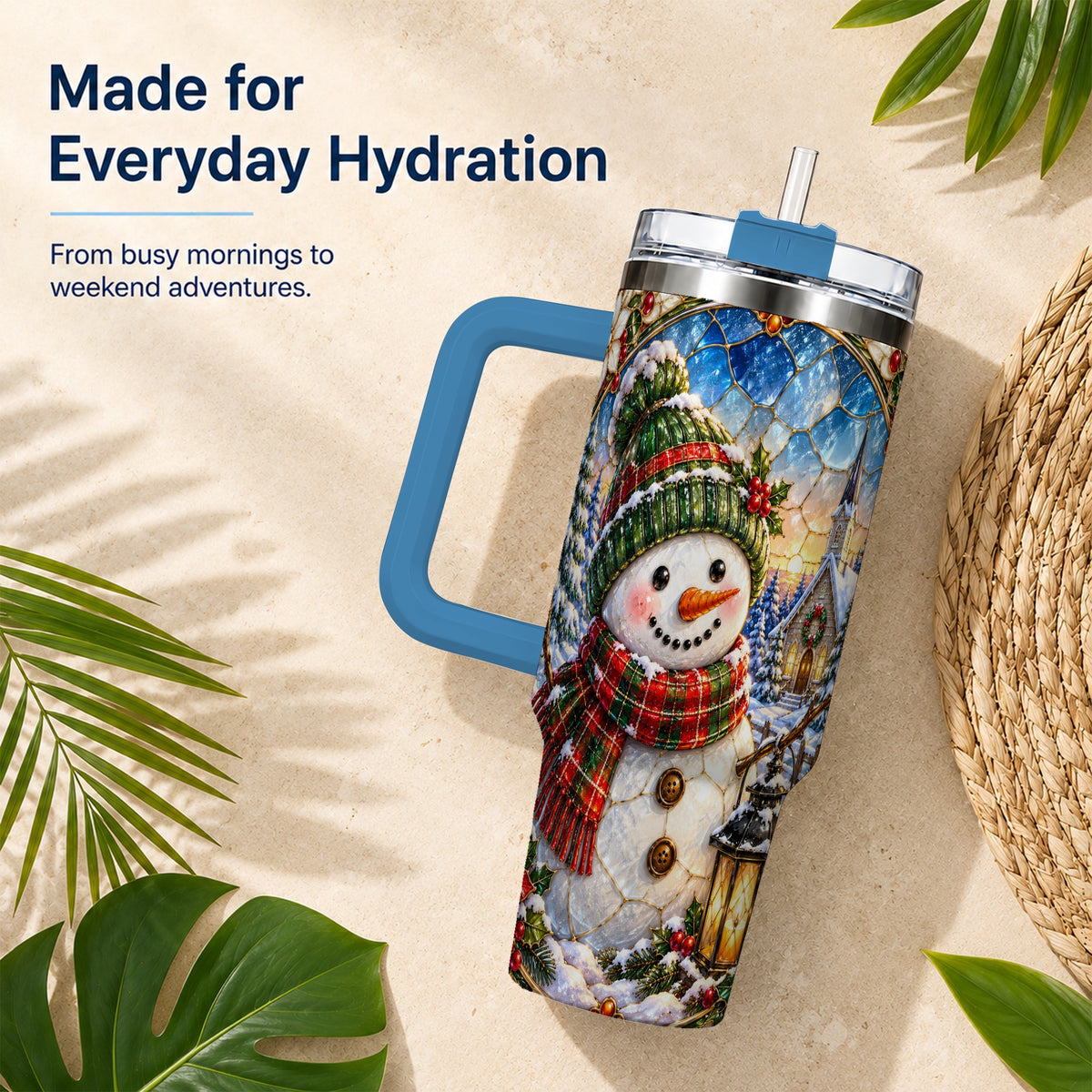 #pl[40oz|Blue] Snowman Church 40oz Tumbler with Handle, Winter Stainless Steel Travel Cup