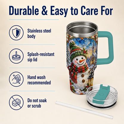 #pl[40oz|Green] Snowman Church 40oz Tumbler with Handle, Winter Stainless Steel Travel Cup