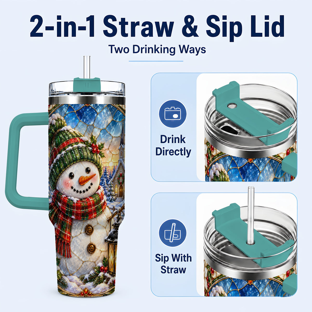 #pl[40oz|Green] Snowman Church 40oz Tumbler with Handle, Winter Stainless Steel Travel Cup