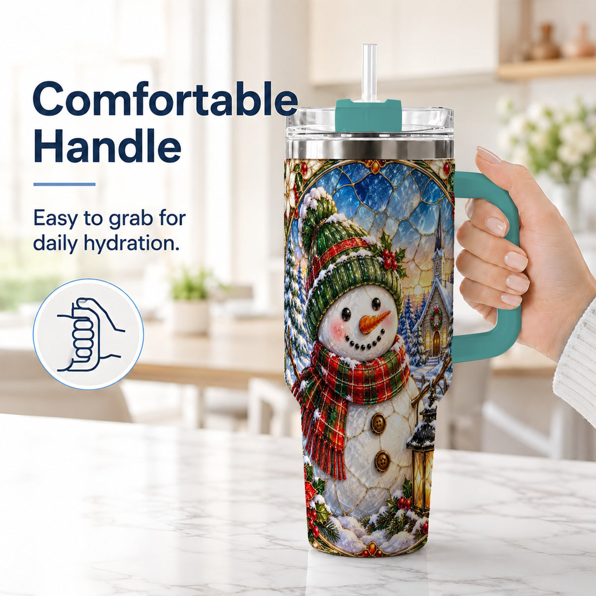 #pl[40oz|Green] Snowman Church 40oz Tumbler with Handle, Winter Stainless Steel Travel Cup