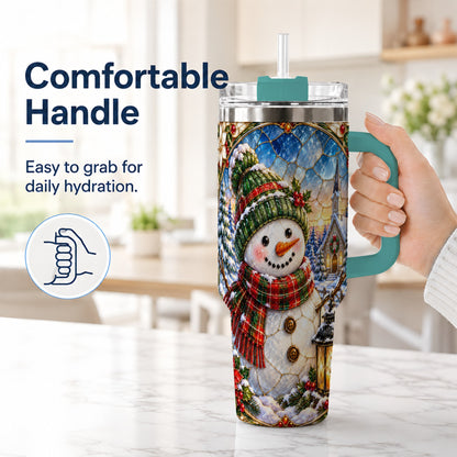 #pl[40oz|Green] Snowman Church 40oz Tumbler with Handle, Winter Stainless Steel Travel Cup