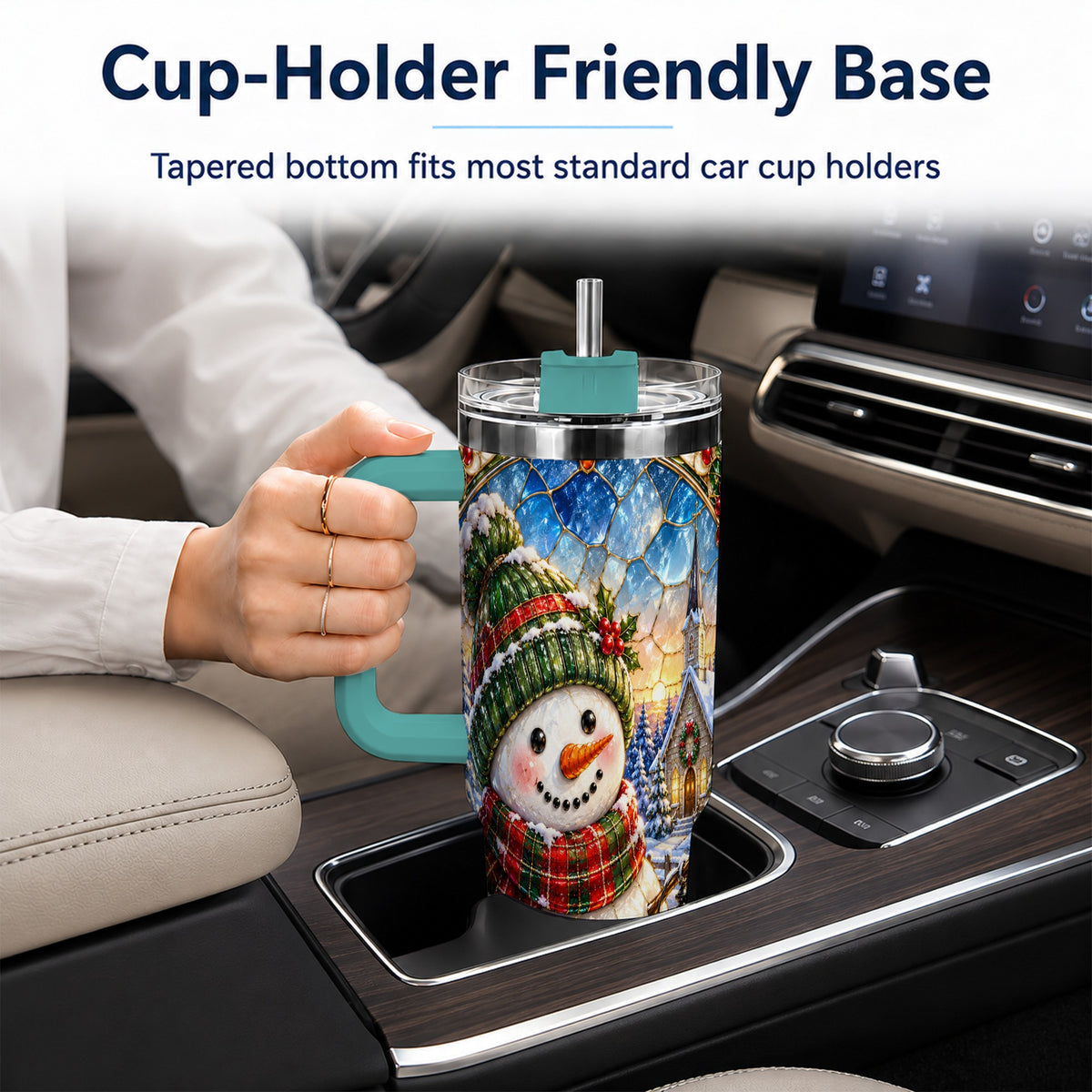 #pl[40oz|Green] Snowman Church 40oz Tumbler with Handle, Winter Stainless Steel Travel Cup