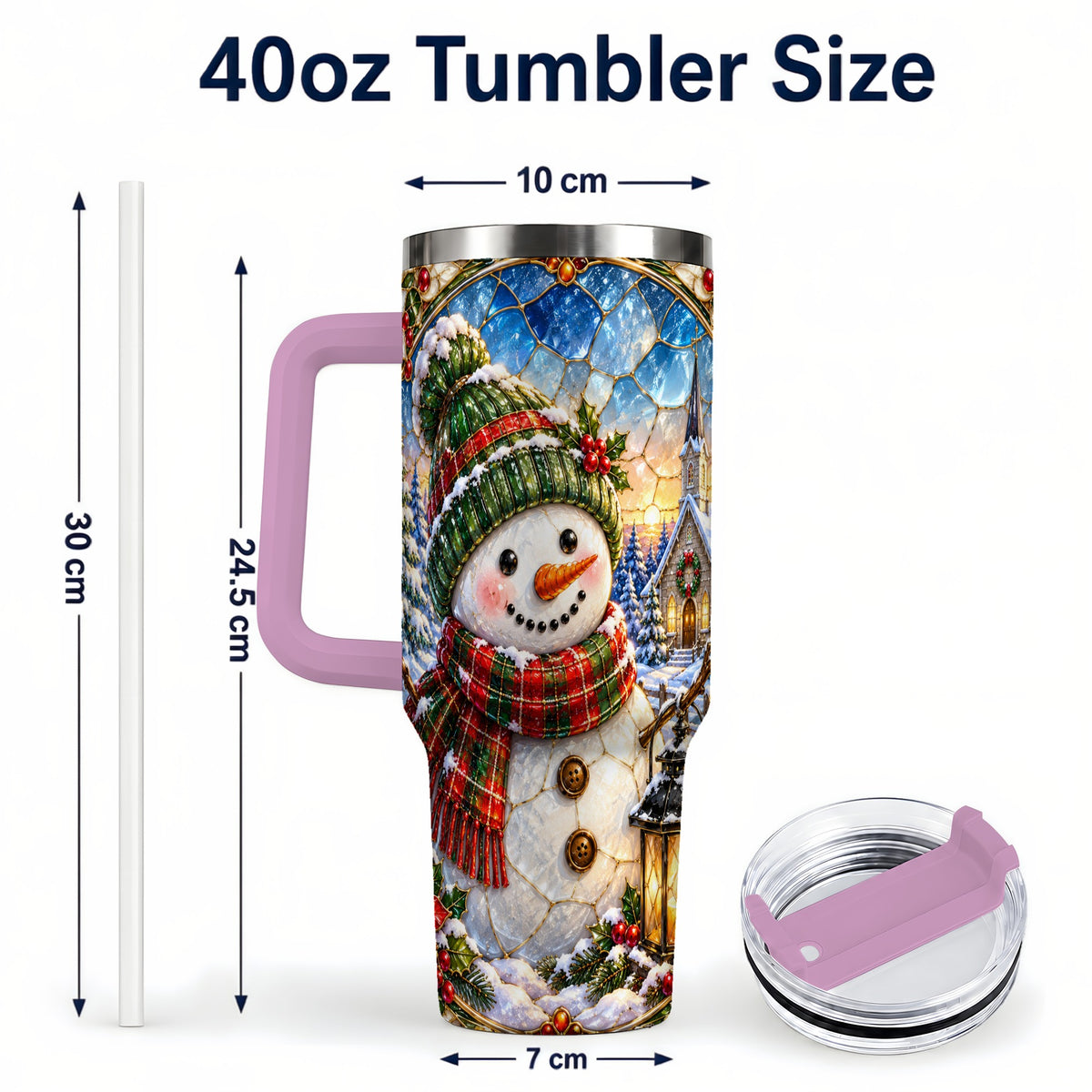 #pl[40oz|Pink] Snowman Church 40oz Tumbler with Handle, Winter Stainless Steel Travel Cup